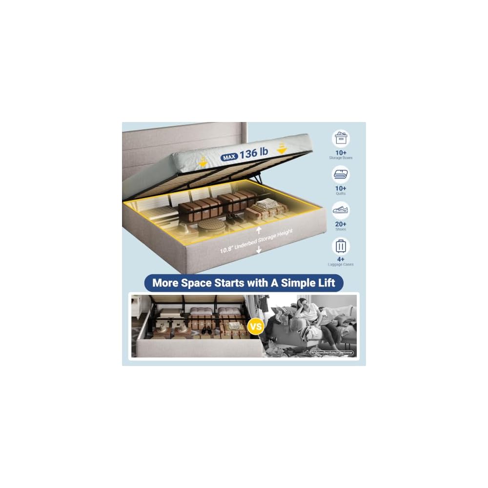 King Size Lift Up Hydraulic Storage Bed Frame Light Beige