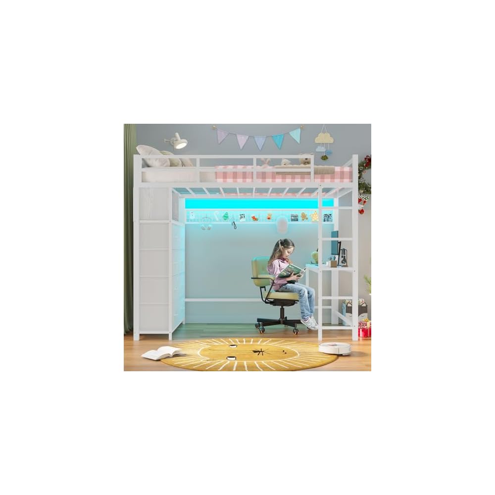 Twin Loft Bed with Desk, 8 Storage Drawers,LED Lights, White