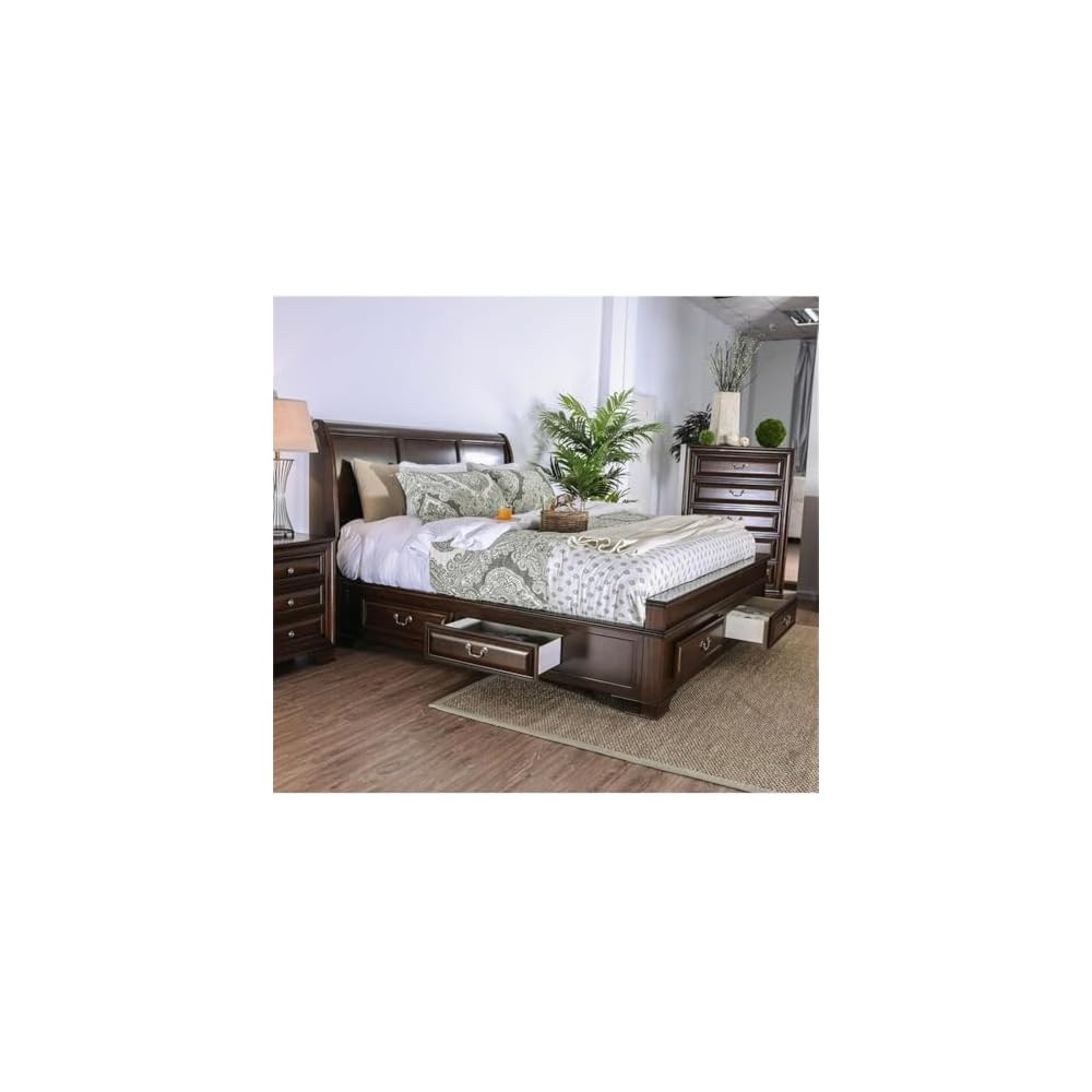 Transitional Wood Queen Storage Platform Bed, Brown Cherry Finish, 91.75" L x 64.75" W x 54" H, 6 Drawers, Arched Panel Headboard, Solid Wood Frame, Durable MDF Slats, Bedroom Furniture
