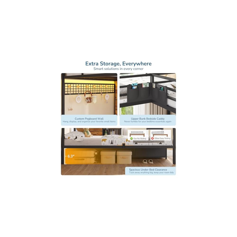 Triple Bunk Bed with 9 Storage Drawers and LED Lights, Twin Over Twin 3 Bed Bunk Beds for Kids with Shelves and Pegboard, Heavy-Duty Metal Bunk Bed with Full-Length Guardrail and Dual Ladders, Black