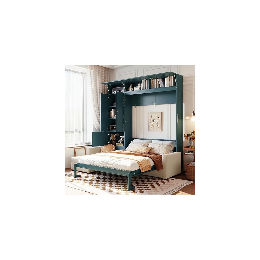 Queen Murphy Bed with Couch and Storage Bookcase, Wood Foldable Murphy Wall Bed with Storage Shelves and Sofa for Adults (H Green,Queen)