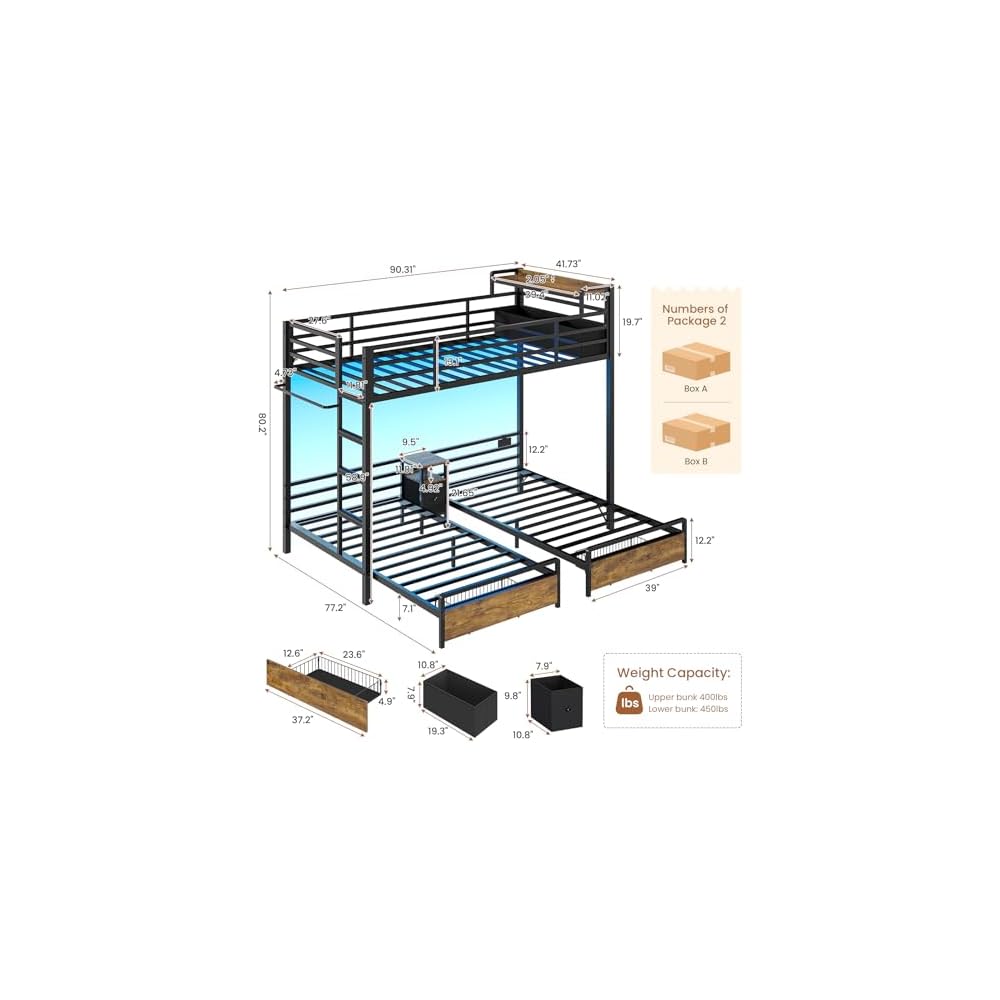 Triple Bunk Bed for Kids with Storage Drawers and Charging Station Twin Over Twin Metal Bunk Bed with Storage Shelves and Box,3 Beds with Guardrails and Ladder, No Box Spring Needed, Black