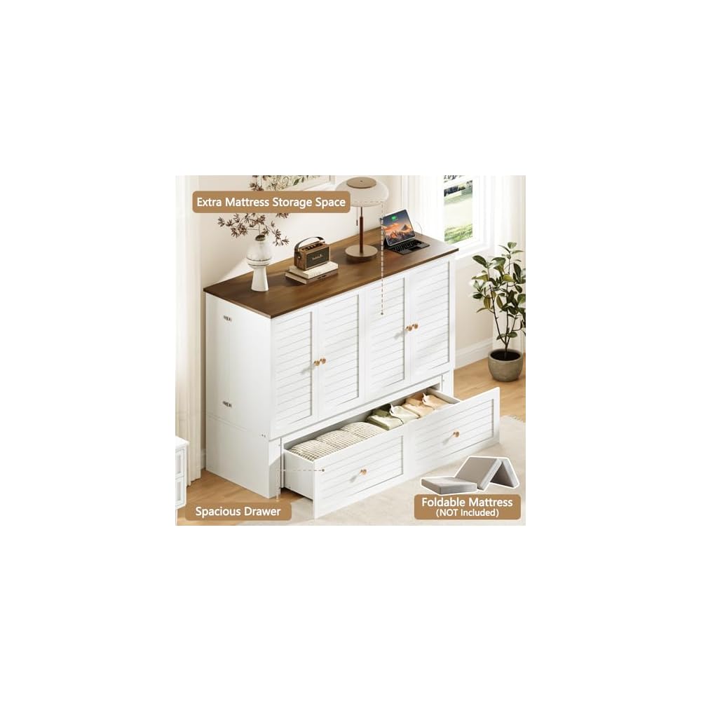 Queen Murphy Bed with Charging Station, Cabinet Beds with Storage