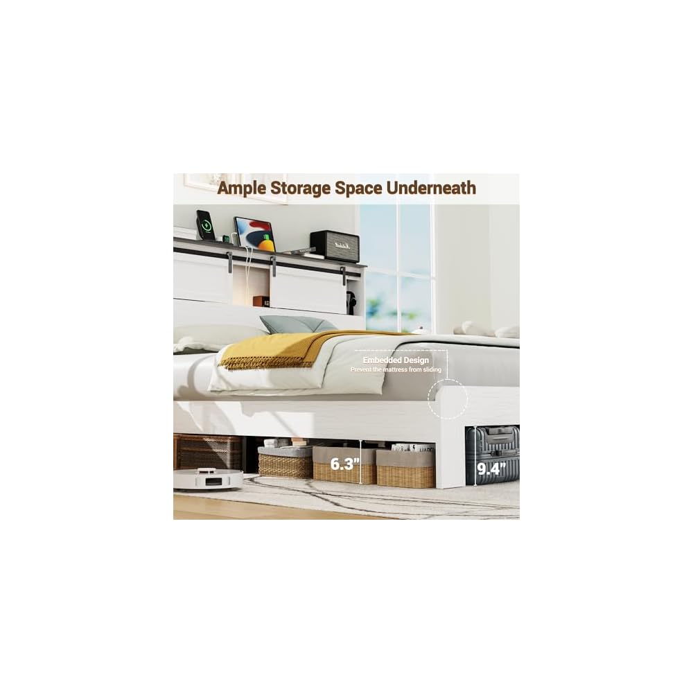 Farmhouse Platform Bed Frame with Storage Headboard and Dual USB Ports