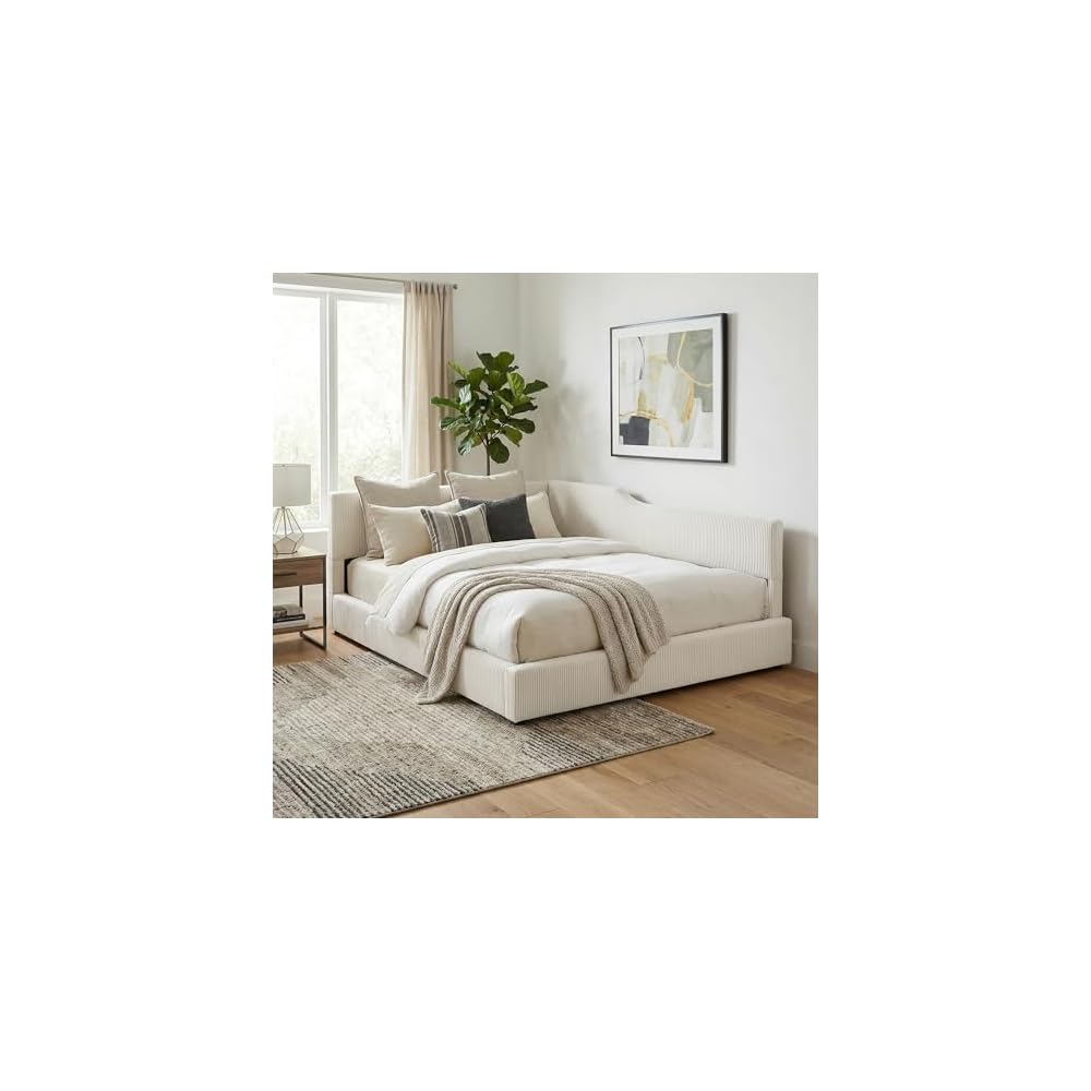 Full Size Upholstered Daybed with Headboard, Beige