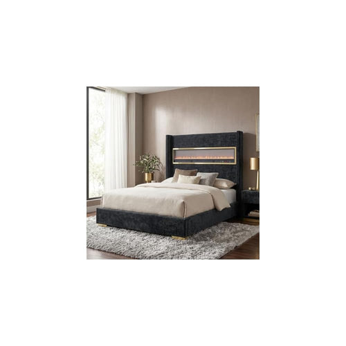 Calliope Modern Boucle Bed Frame with 3D Fireplace Headboard, Bluetooth Speaker and USB Slot, Upholstered Bedframe, No Box Spring Required for Home, Bedroom, Queen, Black