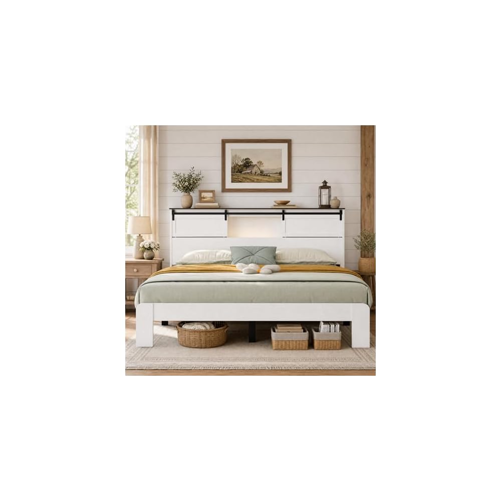 Farmhouse Platform Bed Frame with Storage Headboard and Dual USB Ports