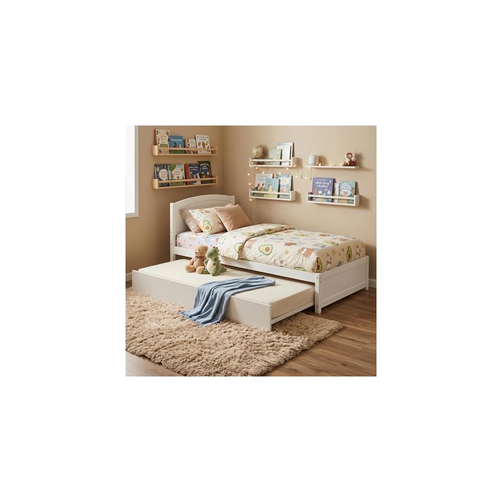 Twin Bed with Trundle, Solid Wood Twin Size Bed Frame, Pull Out Trundle Bed with Headboard and Footboard, Extendable Wooden Slats Platform Bed for Kids Teens Adults, White
