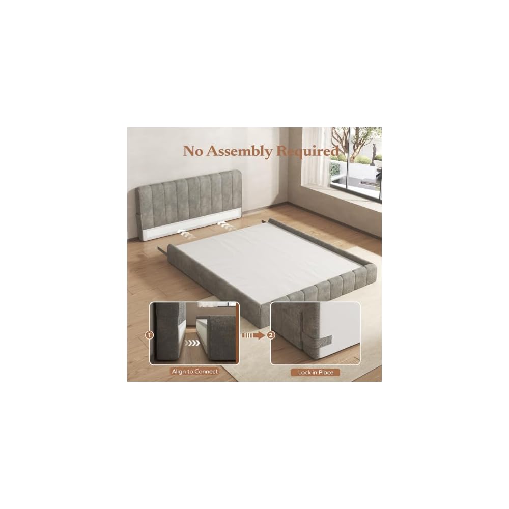 Full Cloud Bed Frame, Boneless Cushioned Foam Bed with Plush Fabric
