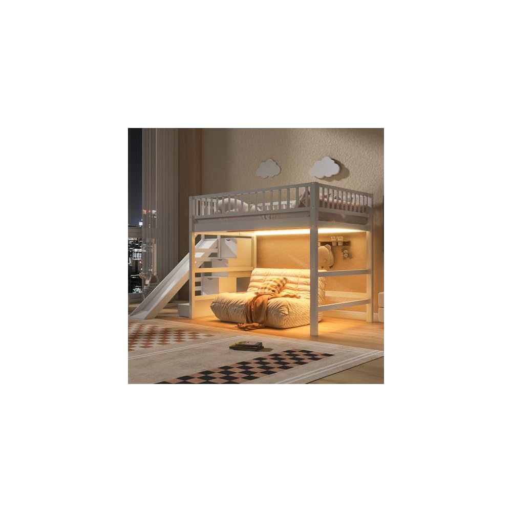 Full Size Loft Bed with Storage Staircase, Slide & LED Light, Wooden Bunk Bed for Bedroom with Built-in Shelves, White