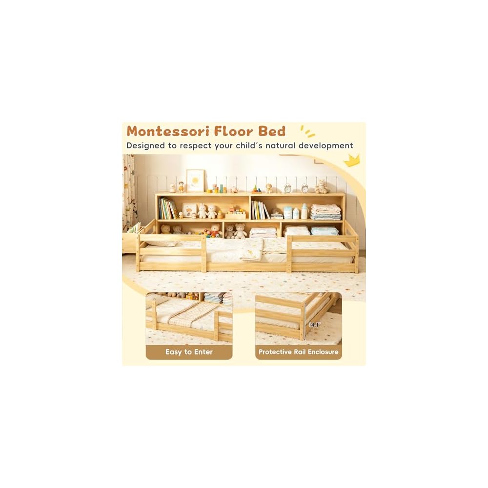 Twin Floor Bed for Kids, Wooden Montessori Bed Frame with Bookcase, Bedside Storage Shelves & Guardrails, Versatile 2-in-1 Floor Bed for Boys Girls, Natural