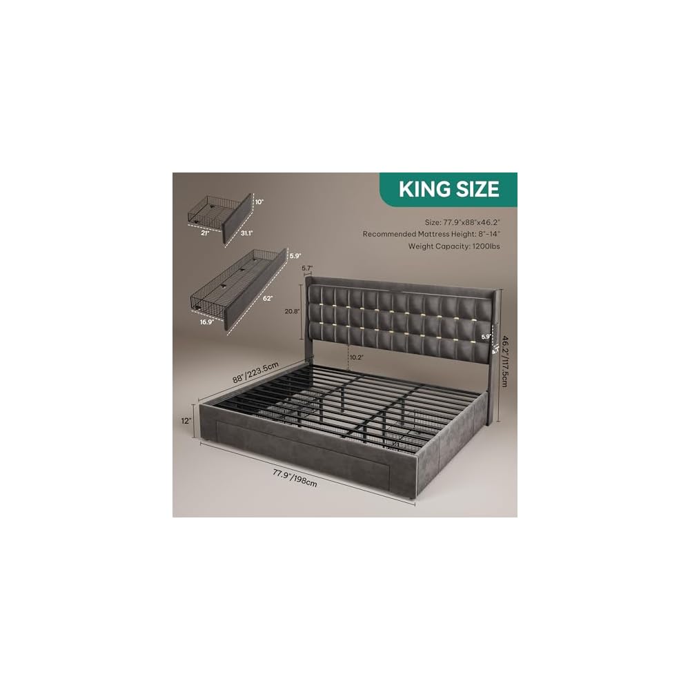 King Size Bed Frame with 3 Storage Drawers and RGB LED Lights