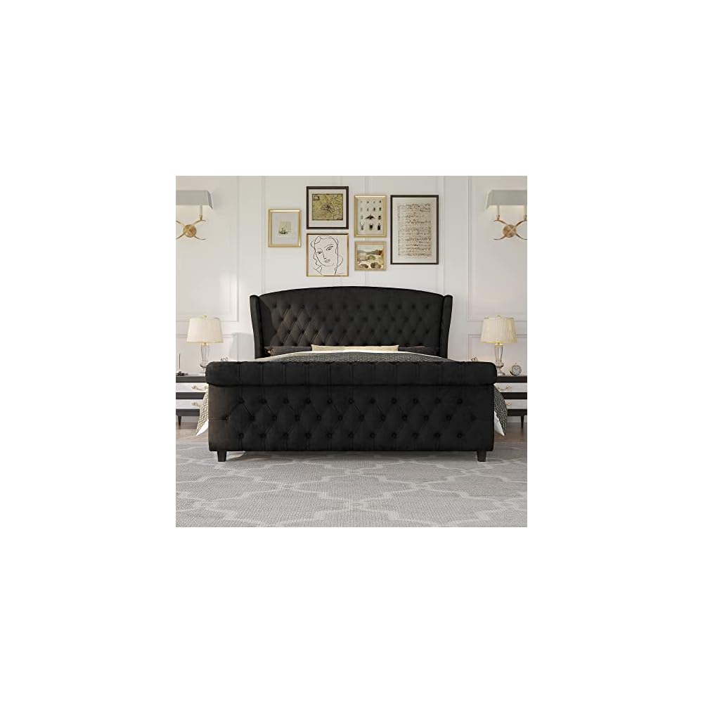 Queen Size Upholstered Sleigh Bed Frame with Wingback Headboard