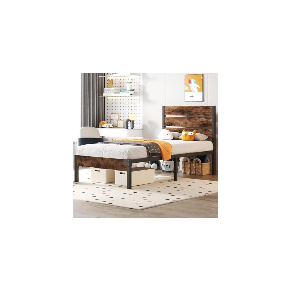 Twin Bed Frame with Headboard and Footboard, Metal Twin Bed Frame with Under Bed Storage, All-Metal Support System, No Box Spring Needed, Easy Assembly,Rustic Brown