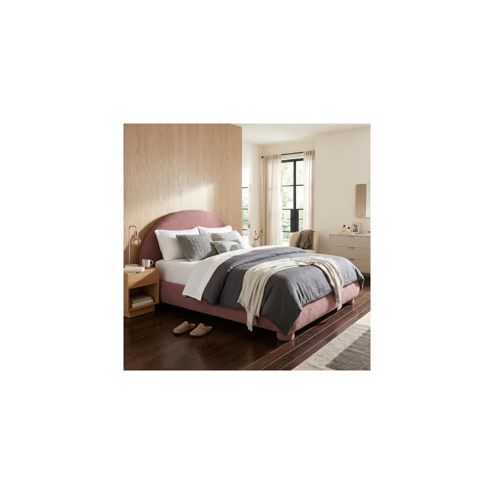 Boucle Upholstered Platform Bed with Arched Headboard, Queen, Red