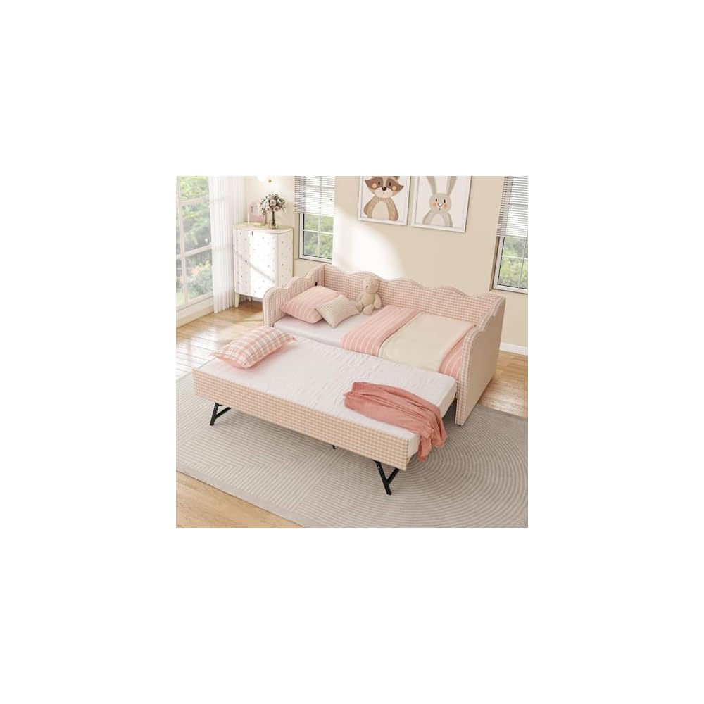 Twin Size Daybed with Pop Up Trundle, Linen Gingham Twin to King Daybed with USB Ports, Upholstered Day Bed Frame, Modern Sofa Bed for Living Room/Bedroom/Guest Room, No Box Spring Needed, Pink