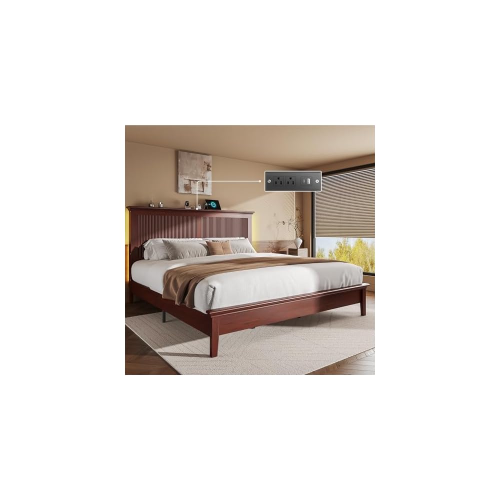 King Bed Frame with Headboard, Solid Wood Bed Frame King Size with Charging Station & RGB LED, Wood Slats Support, Noise-Free, Sturdy Structure, Easy Assembly, Mahogany