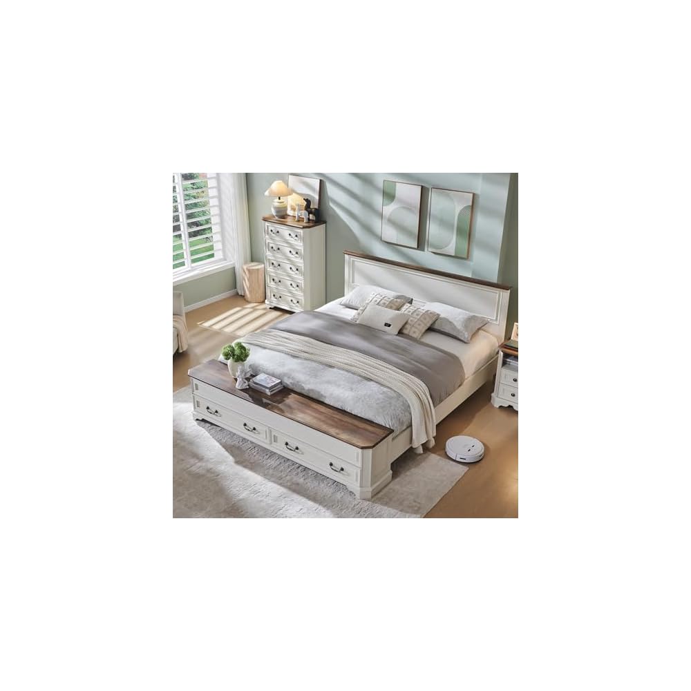 Farmhouse King Bed with Headboard and Storage Bench, Antique White