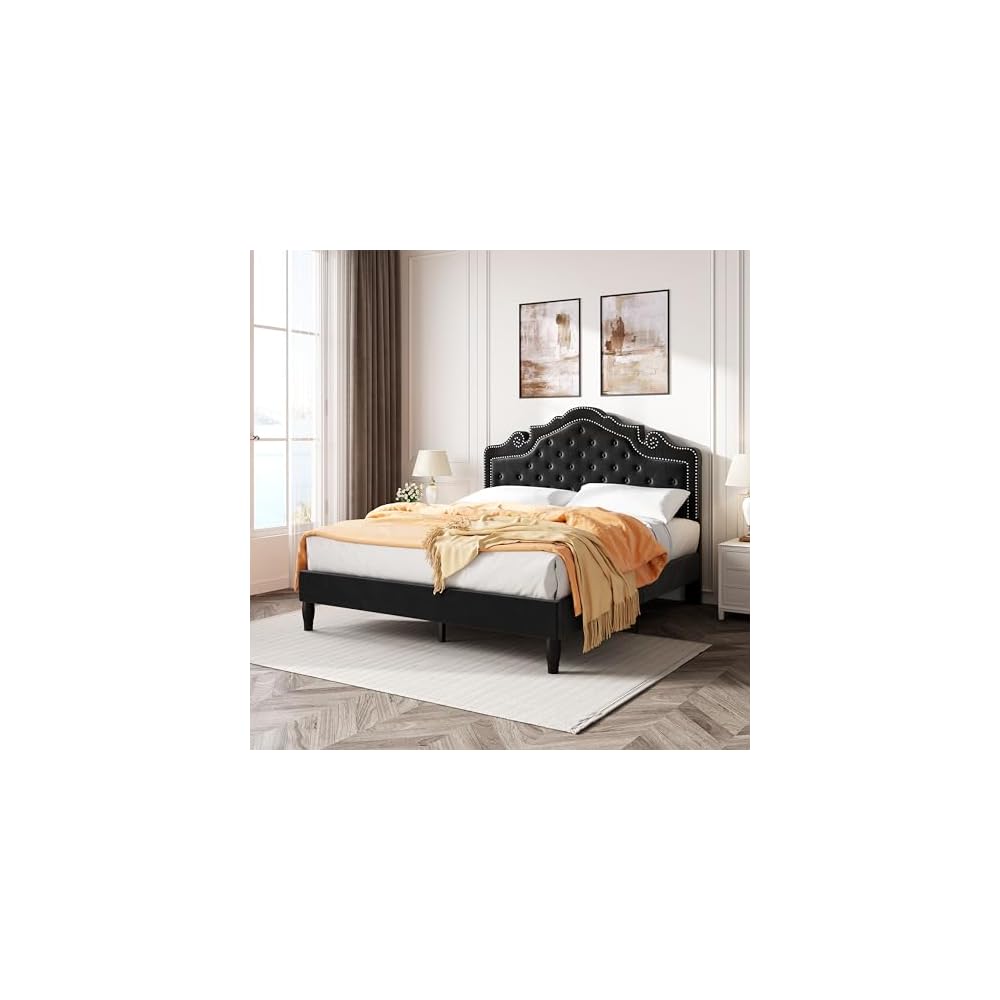 Queen Bed Frame with Adjustable Headboard/Velvet Upholstered/Diamond Button Tufted and Metal Studs/No Box Spring Needed/Wood Slat Support/Easy Assembly/Black