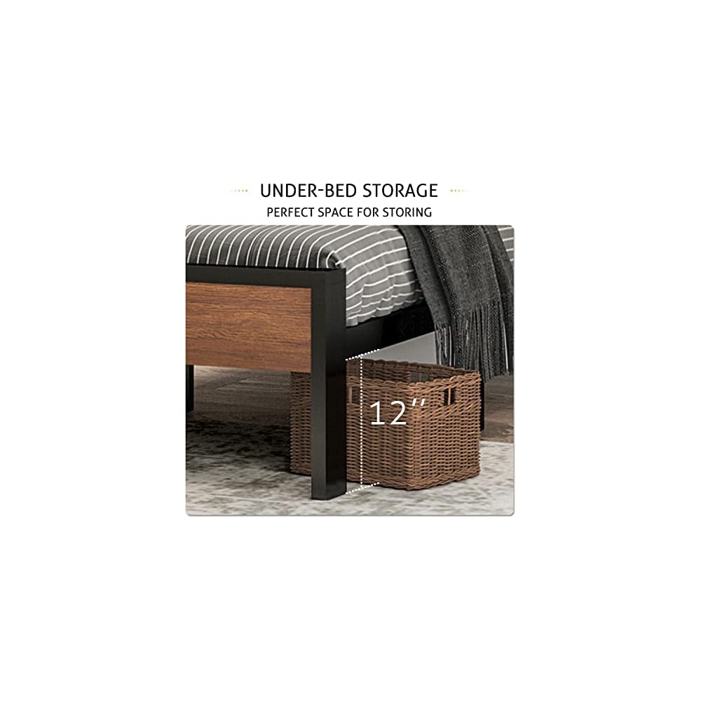 14 Inch Full Size Metal Platform Bed Frame with Wooden Headboard and Footboard, Mattress Foundation, No Box Spring Needed, Large Under Bed Storage, Non-Slip Without Noise, Walnut