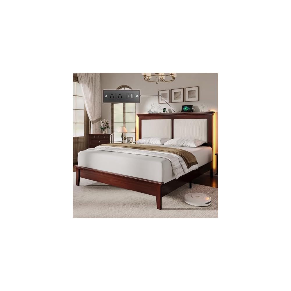 Queen Bed Frame with Headboard, Solid Wood Bed Frame Queen Size with Charging Station & RGB LED, Wood Slats Support, Noise-Free, Sturdy Structure, Easy Assembly, Mahogany