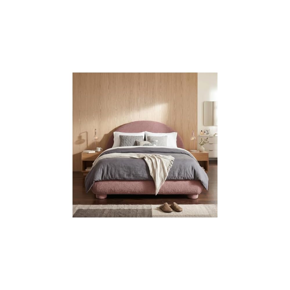 Boucle Upholstered Platform Bed with Arched Headboard, Queen, Red