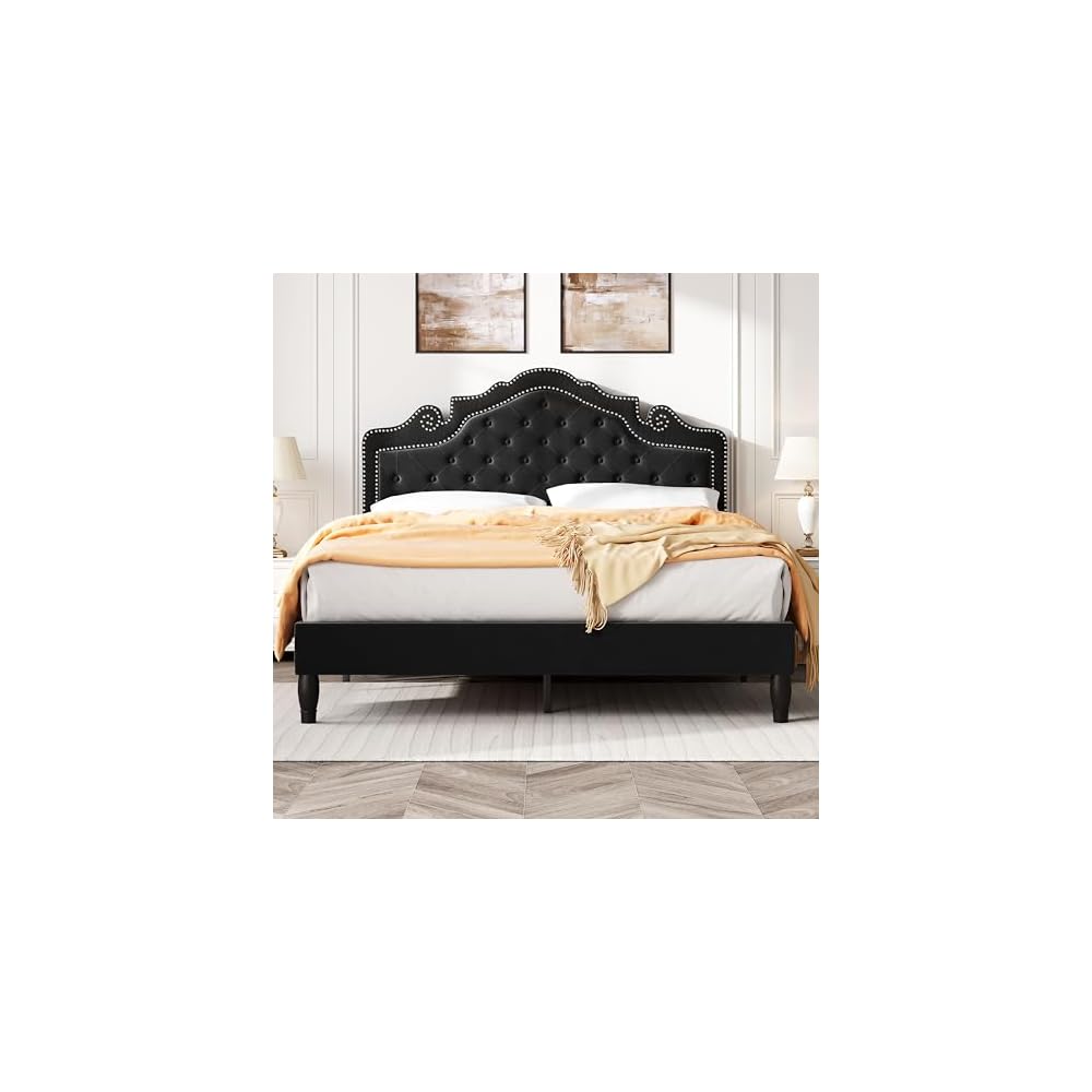 Queen Bed Frame with Adjustable Headboard/Velvet Upholstered/Diamond Button Tufted and Metal Studs/No Box Spring Needed/Wood Slat Support/Easy Assembly/Black