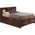Contemporary King Storage Bed, Wood Veneers, Cherry Finish, 49" H x 80" W x 92" D, 8 Dovetailed Drawers with Beveled Fronts, Bookcase Headboard, Bedroom Furniture