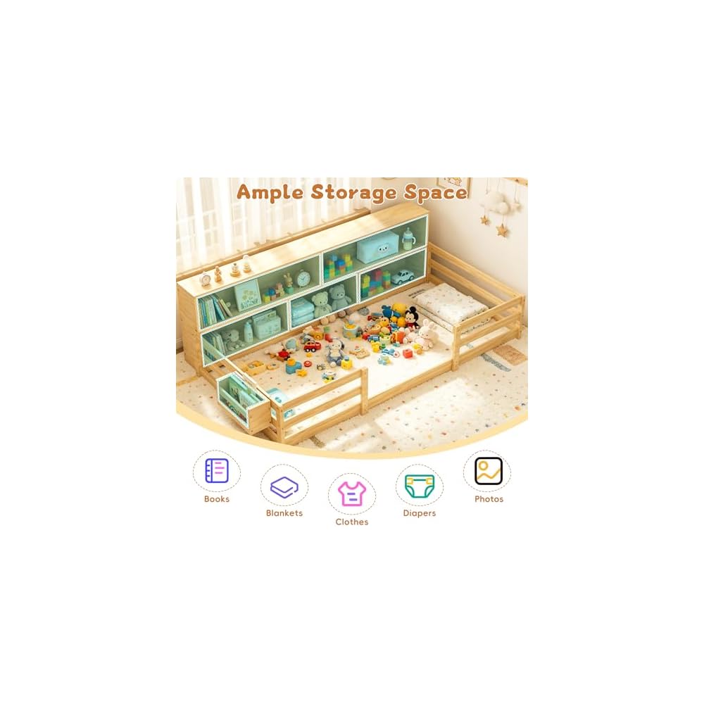 Twin Floor Bed for Kids, Wooden Montessori Bed Frame with Bookcase, Bedside Storage Shelves & Guardrails, Versatile 2-in-1 Floor Bed for Boys Girls, Natural