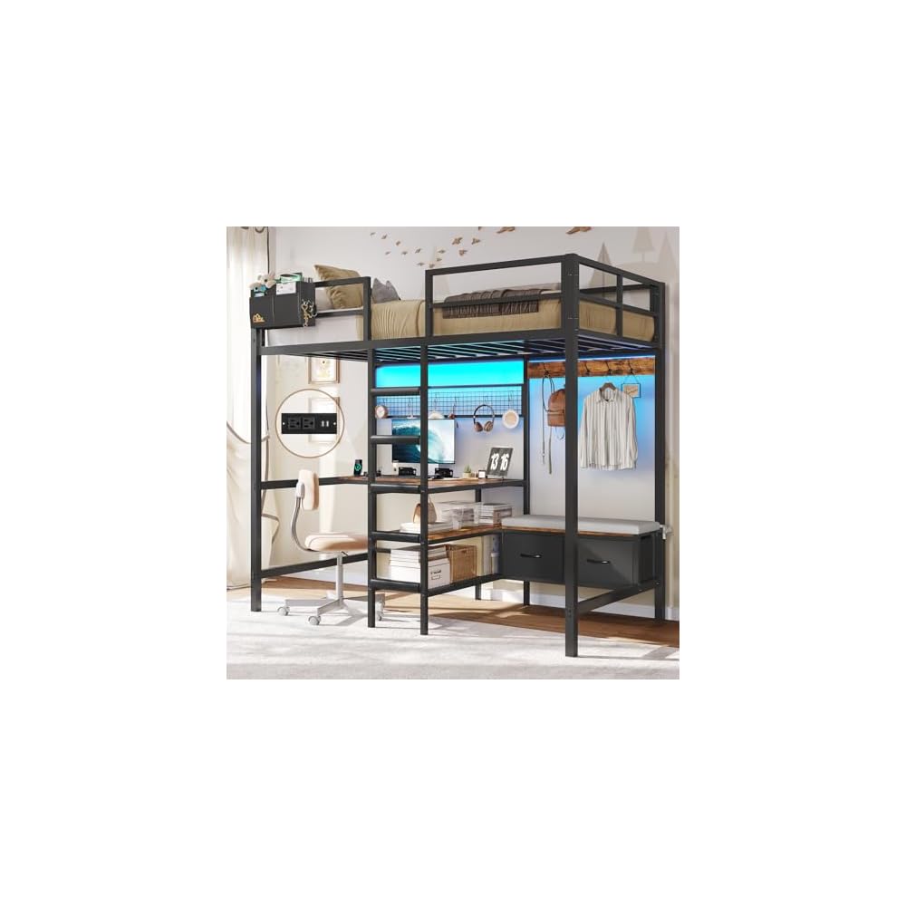 Twin Loft Bed with L-Shaped Desk,Storage Shelves and Charging Station Metal Loft Bed Twin Size with LED Lights,Coat Rack with Drawers and Stair,Top Bunk with Safety Guardrail for Teen,Black