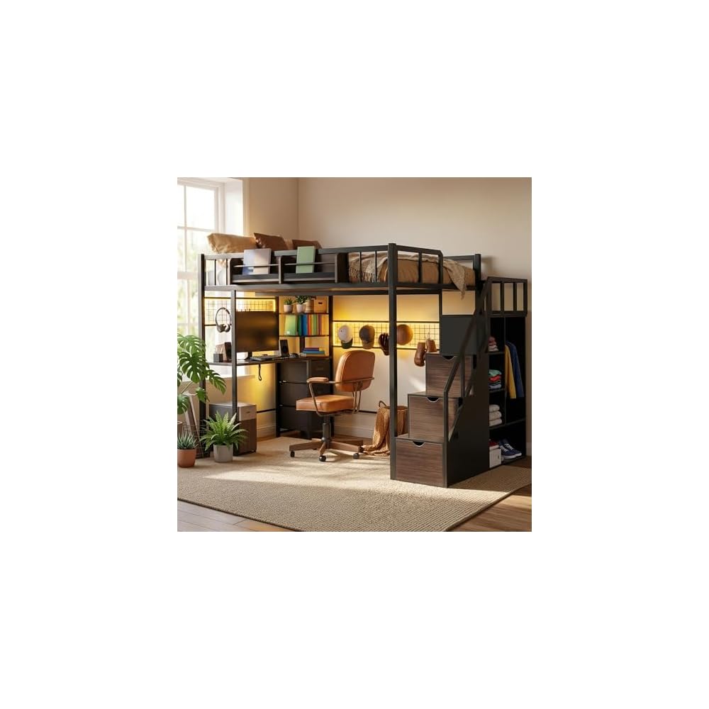 Loft Bed with Desk and Stairs, Headboard, Outlet (Black, Full)