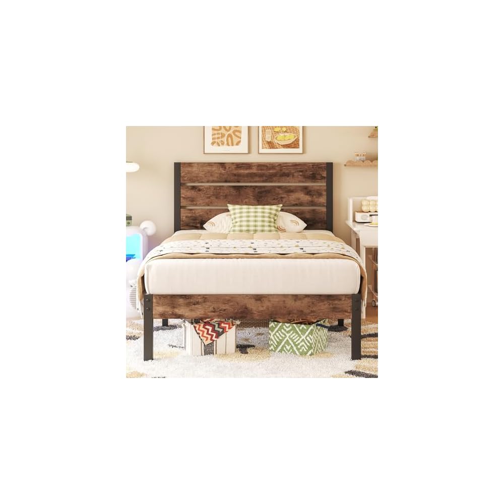 Twin Bed Frame with Headboard and Footboard, Metal Twin Bed Frame with Under Bed Storage, All-Metal Support System, No Box Spring Needed, Easy Assembly,Rustic Brown