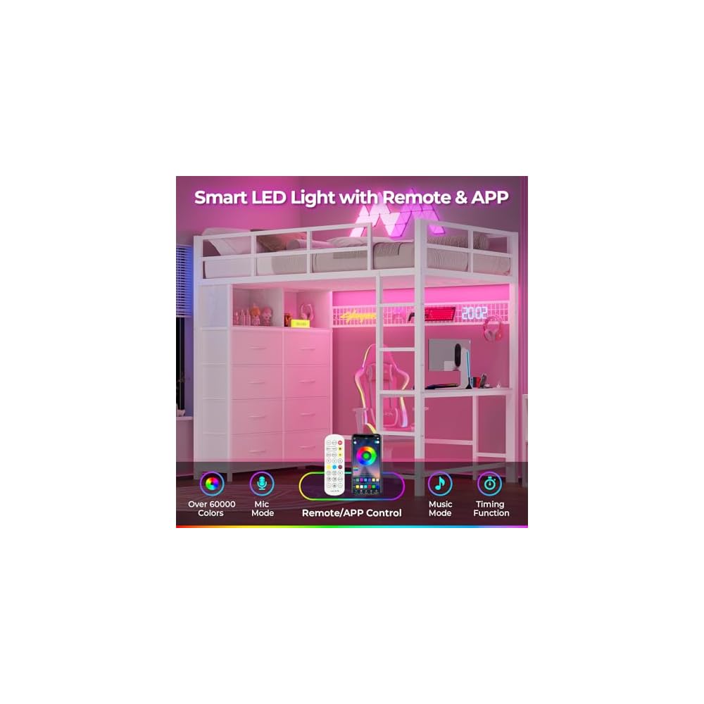 Twin Loft Bed with Desk, 8 Storage Drawers,LED Lights, White