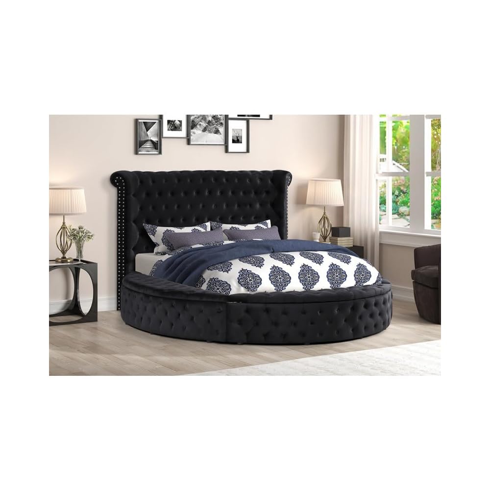 Velvet Tufted Platform Storage Bed, Circle Bed with Button Tufting, Storage Compartments in Rails and Footboard (Black, Eastern King)