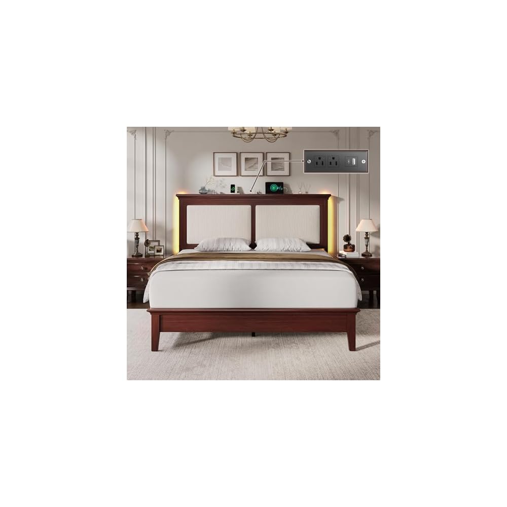 Queen Bed Frame with Headboard, Solid Wood Bed Frame Queen Size with Charging Station & RGB LED, Wood Slats Support, Noise-Free, Sturdy Structure, Easy Assembly, Mahogany