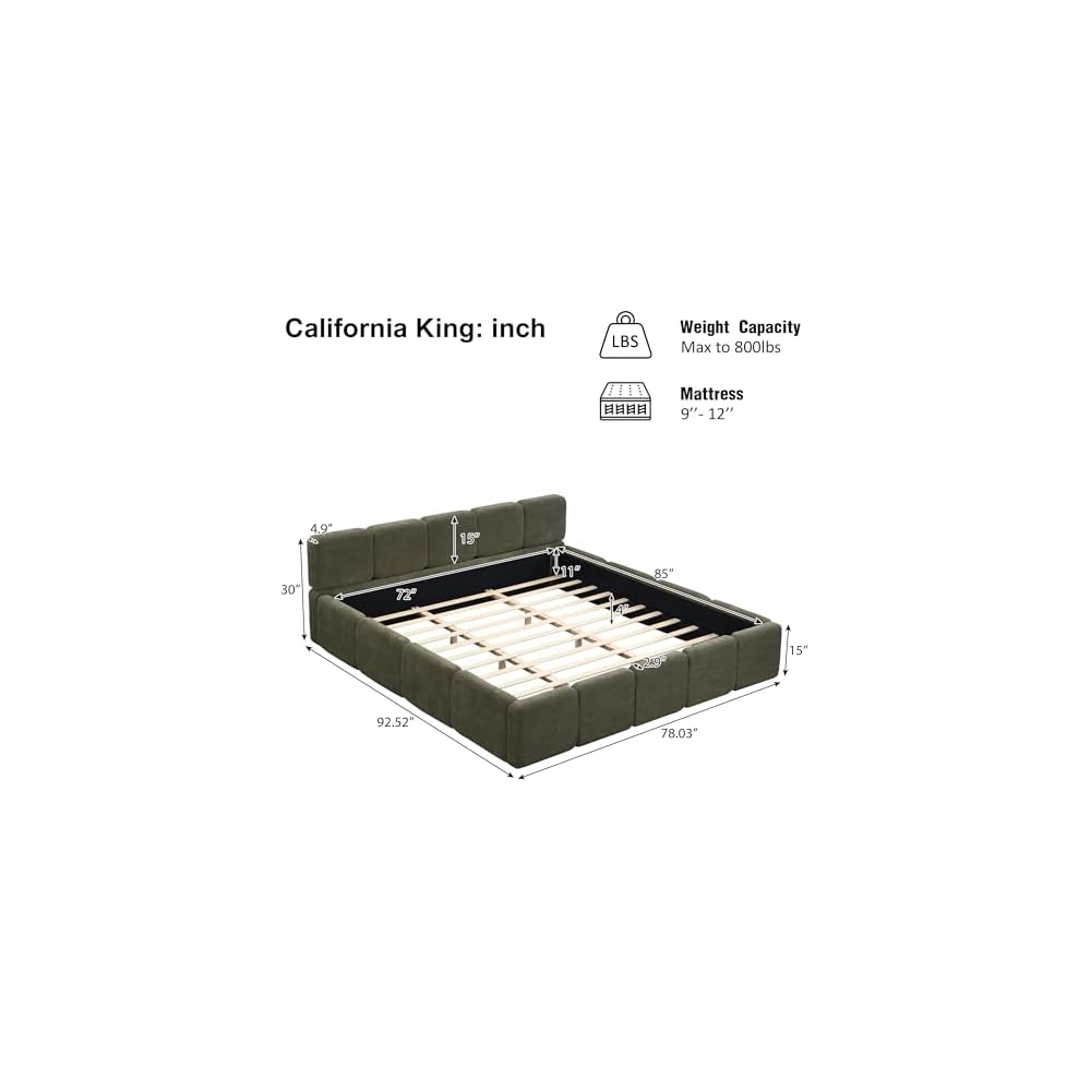 California King Boucle Platform Bed with Thick Headboard, Green