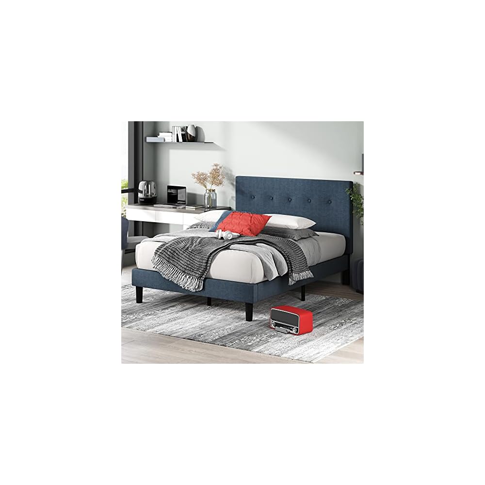 Omkaram Upholstered Platform Bed Frame, Mattress Foundation, Wood Slat Support, No Box Spring Needed, Easy Assembly, Queen