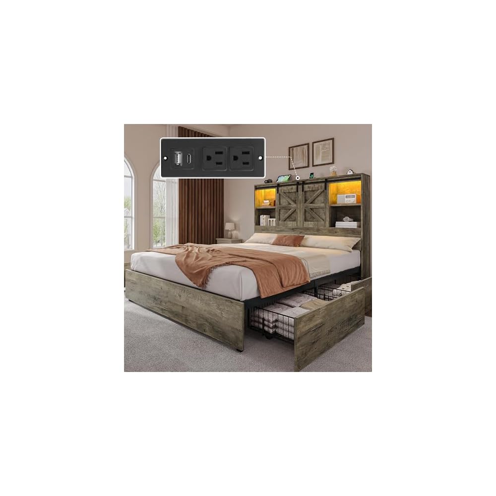Farmhouse Queen Size Bed with 50" Tall Storage Bookcase Headboard
