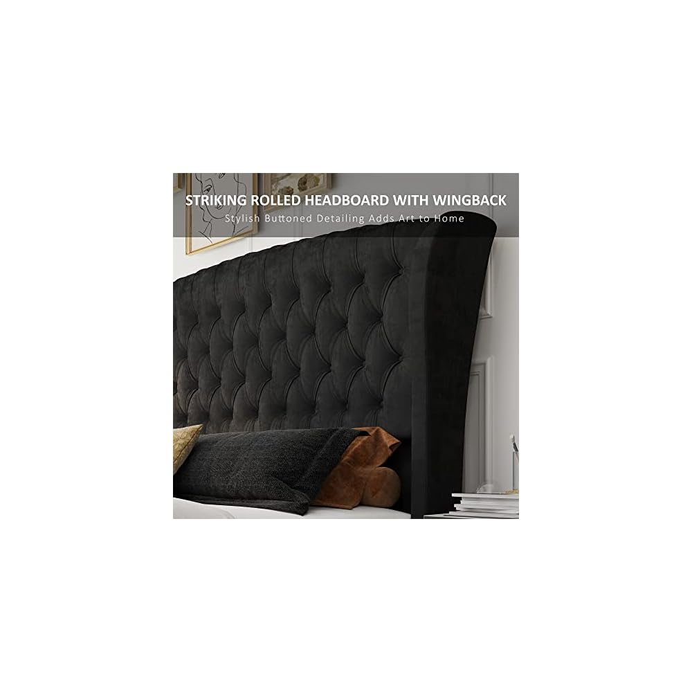 Queen Size Upholstered Sleigh Bed Frame with Wingback Headboard