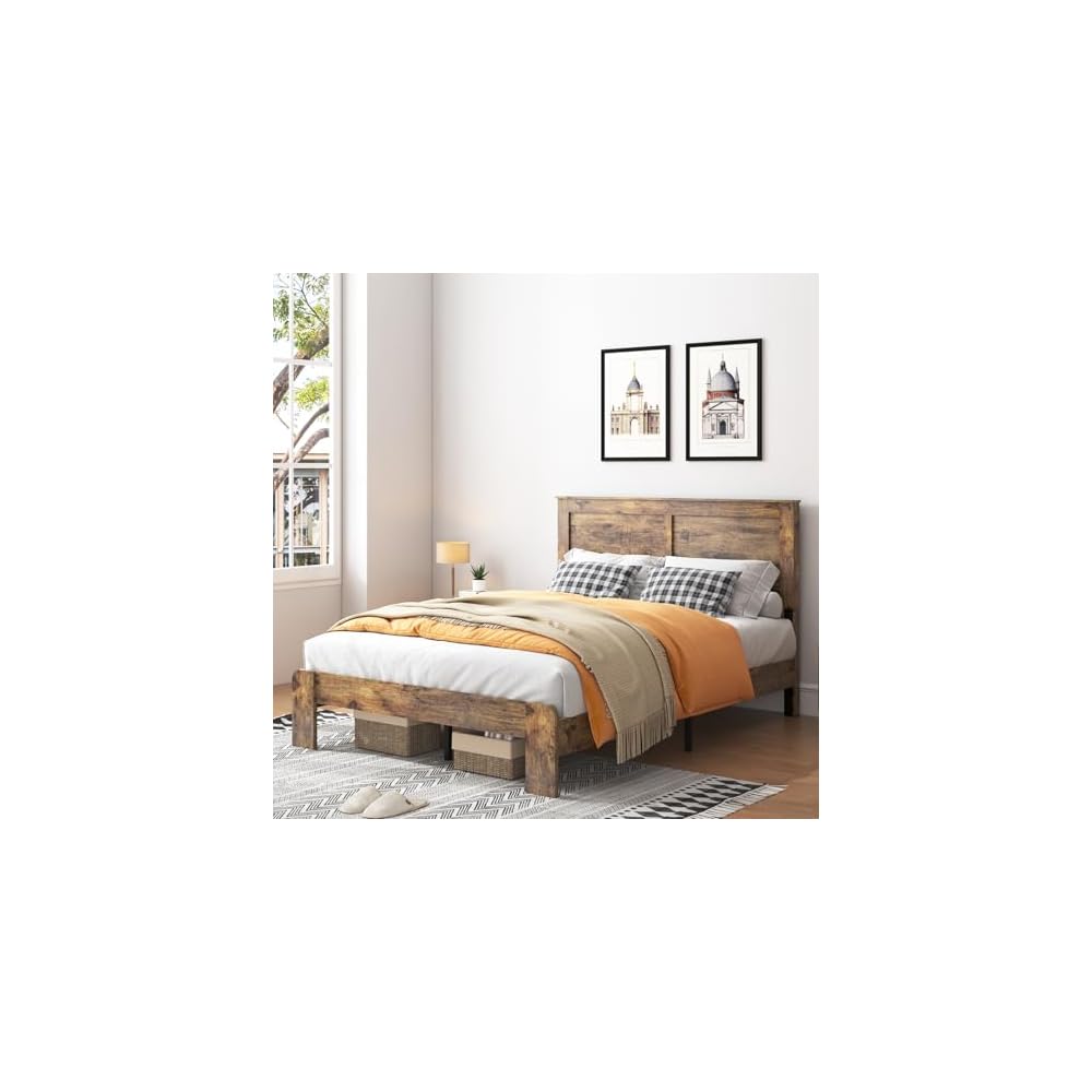 Wood Full Bed Frame with Headboard, Vintage Brown