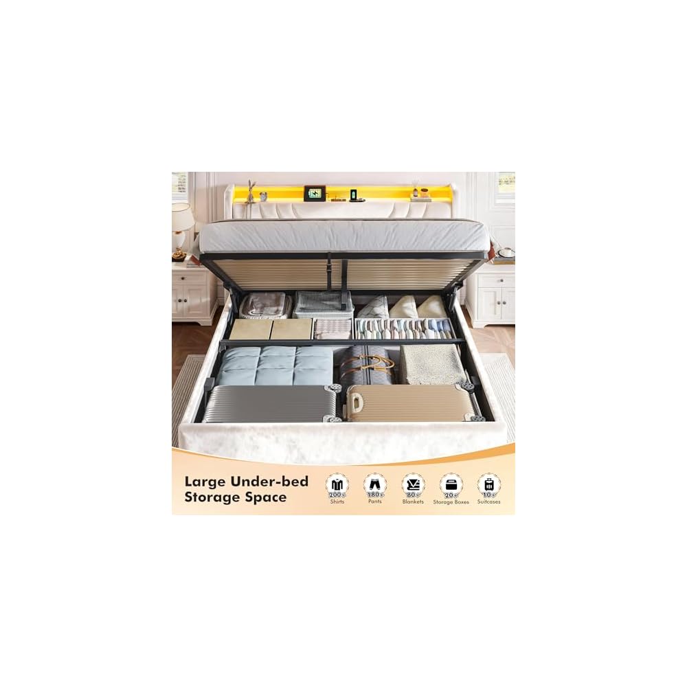 Queen Velvet Lift Up Storage Bed Frame with Charging & LED, Beige