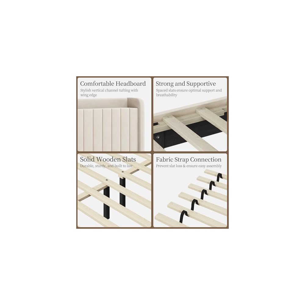 Queen Bed Frame with Channel-Tufted Storage Headboard, Cool Beige