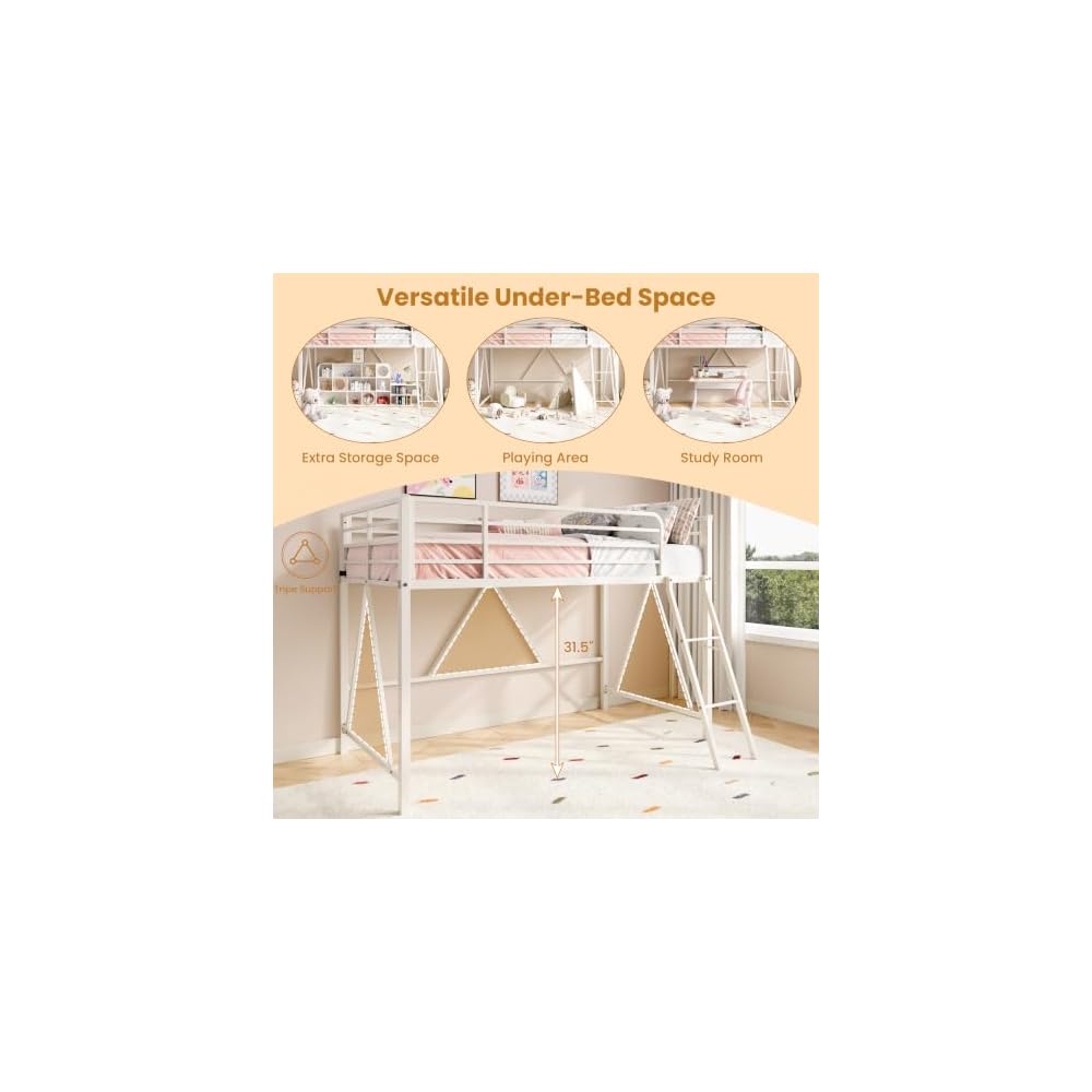 Twin Size Metal Low Loft Bed, CPC Safety Certified, White