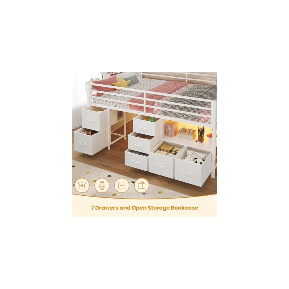 Kids Low Loft Bed Full with 7 Drawers, Bookcase, Safety Guardrail