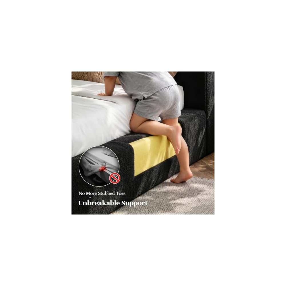 Cloud Bed Frame Queen with Storage Headboard & LED Lights, Black