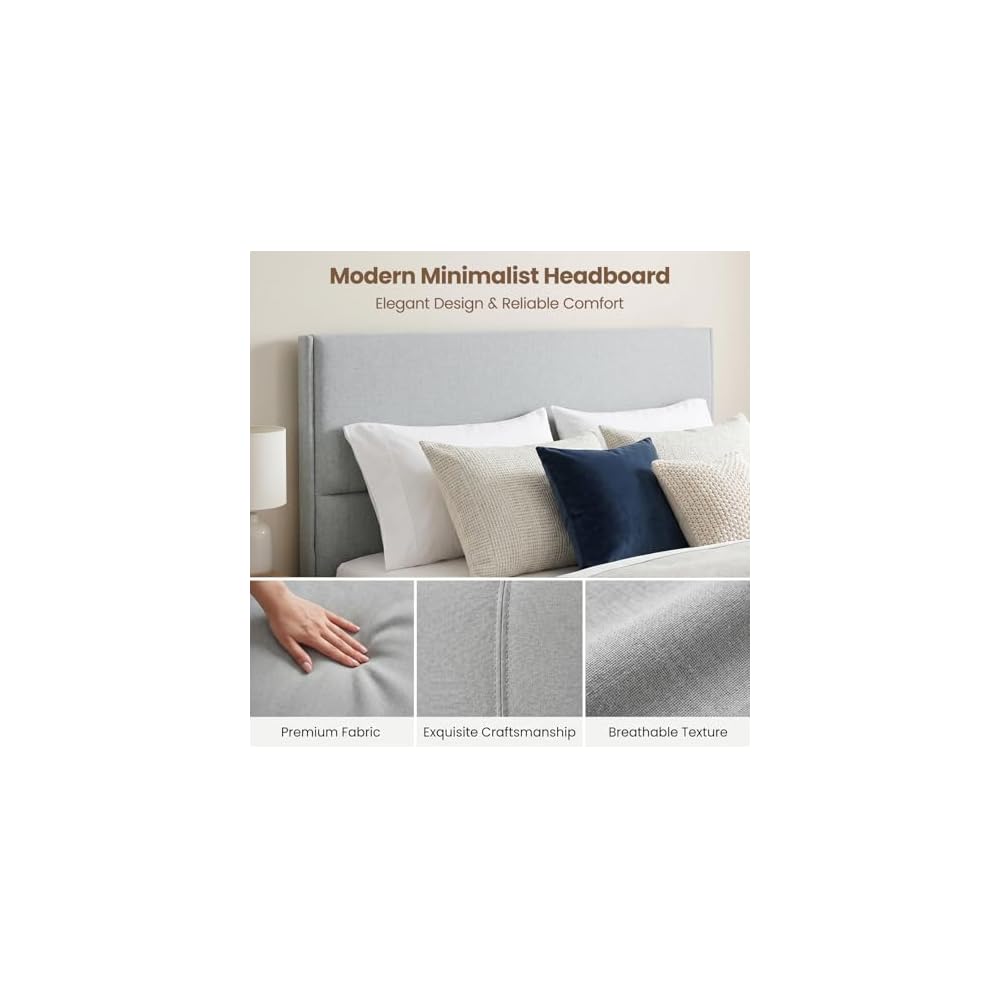 Queen Size Bed Frame with Linen Upholstered Headboard, Noise-Free Metal & Wood Structure, No Box Spring Needed, Easy Assembly, Grey (Queen (U.S. Standard))