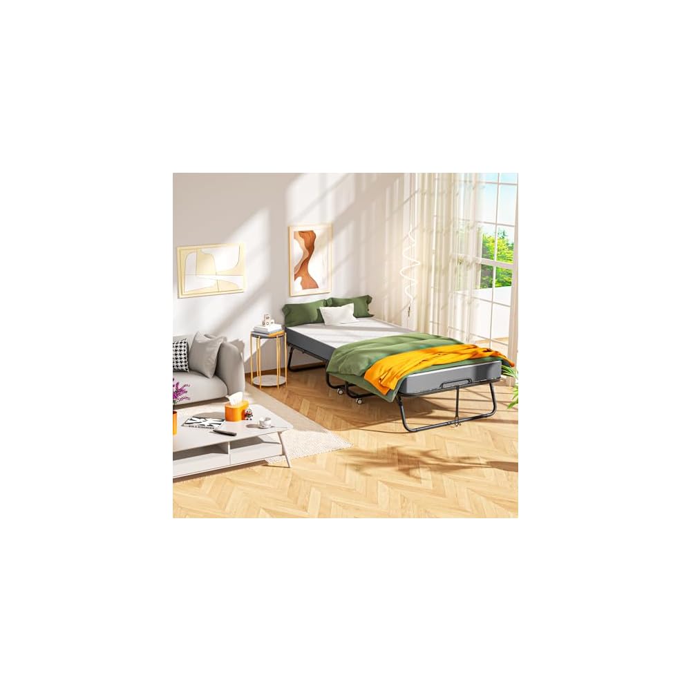 Folding Bed with Mattress, Roll Away Beds with Mattress for Adults, Single Cot Foldable Rollaway Beds, 75" x 31.5" Portable Bed for Easy Storage, Strong Frame for Guest Room