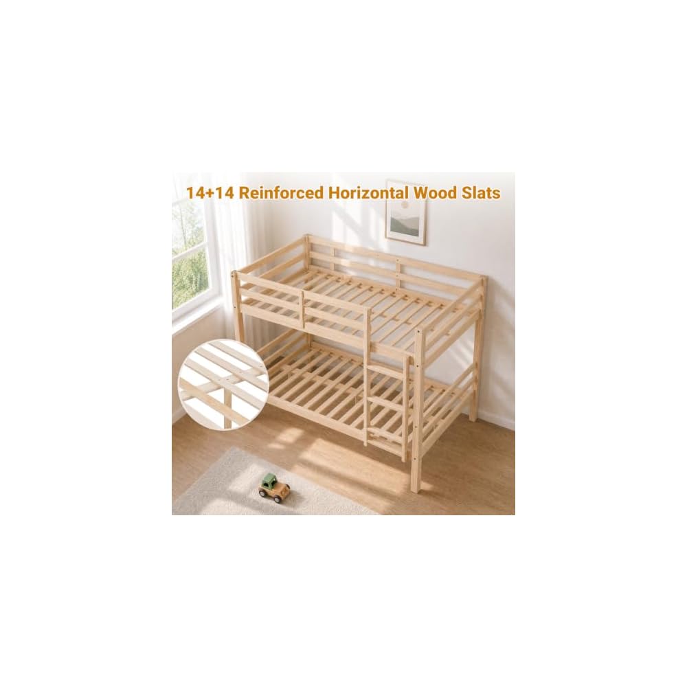 Full Over Full Bunk Bed with Thick Posts, Wood Bunkbed, Natural