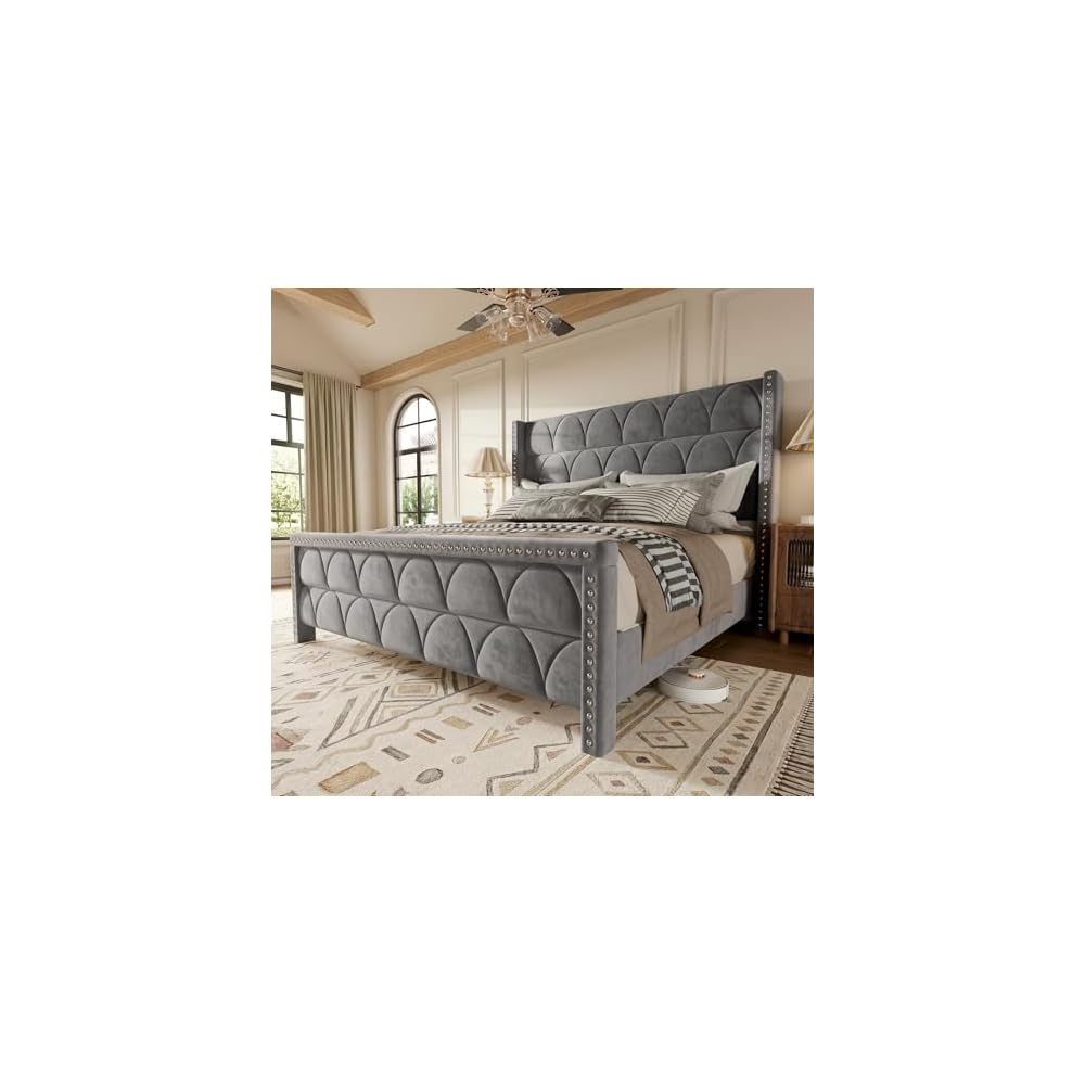 King Size Bed Frame with 56" Headboard - Velvet Upholstered Wingback Platform Bed Frame, Noise Free, Sturdy Wooden Slat Support (Deep Gray, King)
