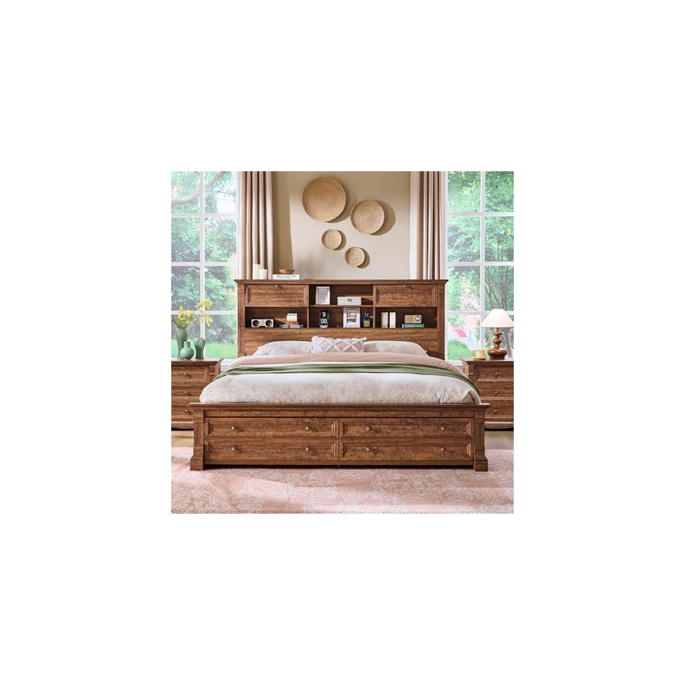 Farmhouse King Size Bed Frame with 54" Tall Headboard, Charging Station